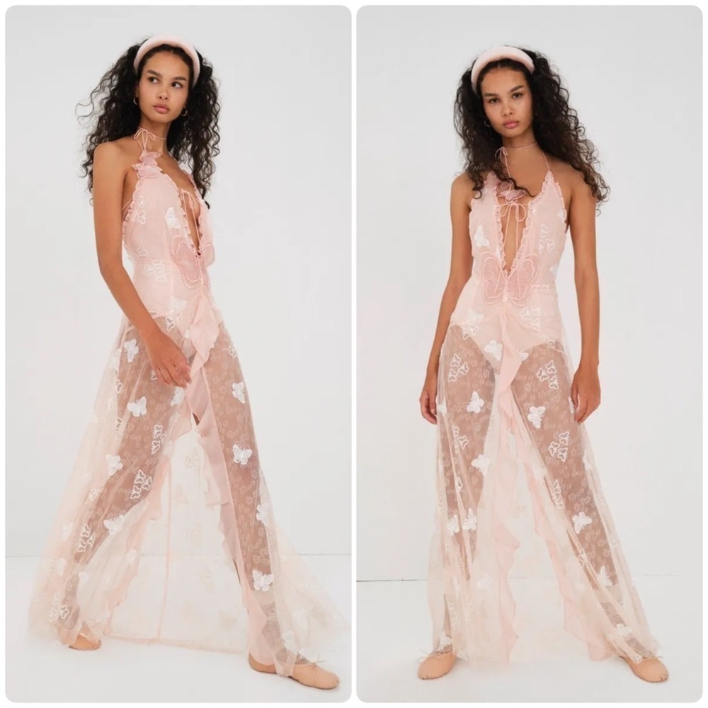 New! For Love & Lemons Beckett Lace Sheer Butterfly Sequin Bodysuit Maxi Dress M - Picture 3 of 16